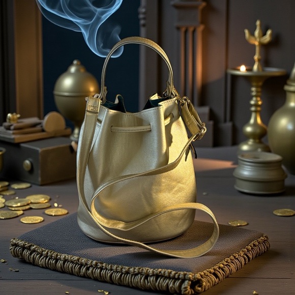 This is Danielle Nicole x Disney Gold Aladdin Magic Lamp Drawstring Bucket Bag - Picture 2 of 4